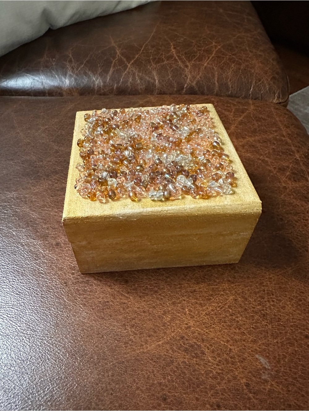 Hand Crafted Gold Beaded Trinket Box with Amber Accents